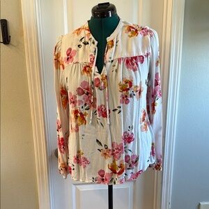 LOFT White Cream Pleated Blouse with Mandarin Collar